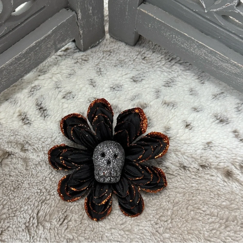 Orange sugar skull floral hair clip Halloween Dia De Los Muertos Day of the Dead